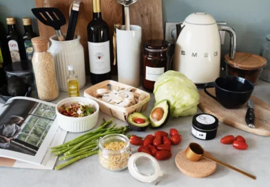 Ingredients for recipe on kitchen worktop